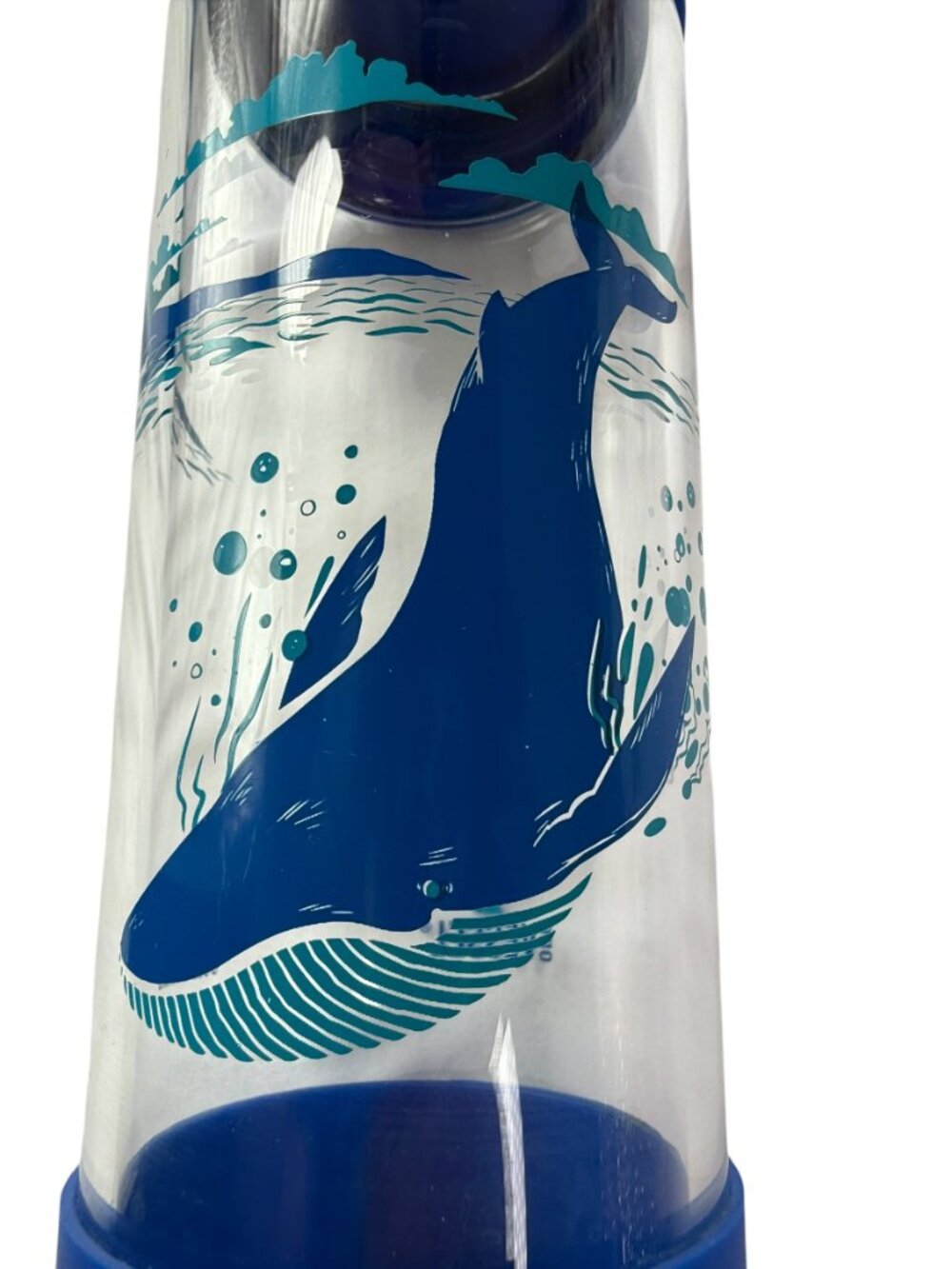 One Vessel Glass Water Bottle w/ Blue Silicone Sleeve.  Blue Plastic Lid Whale